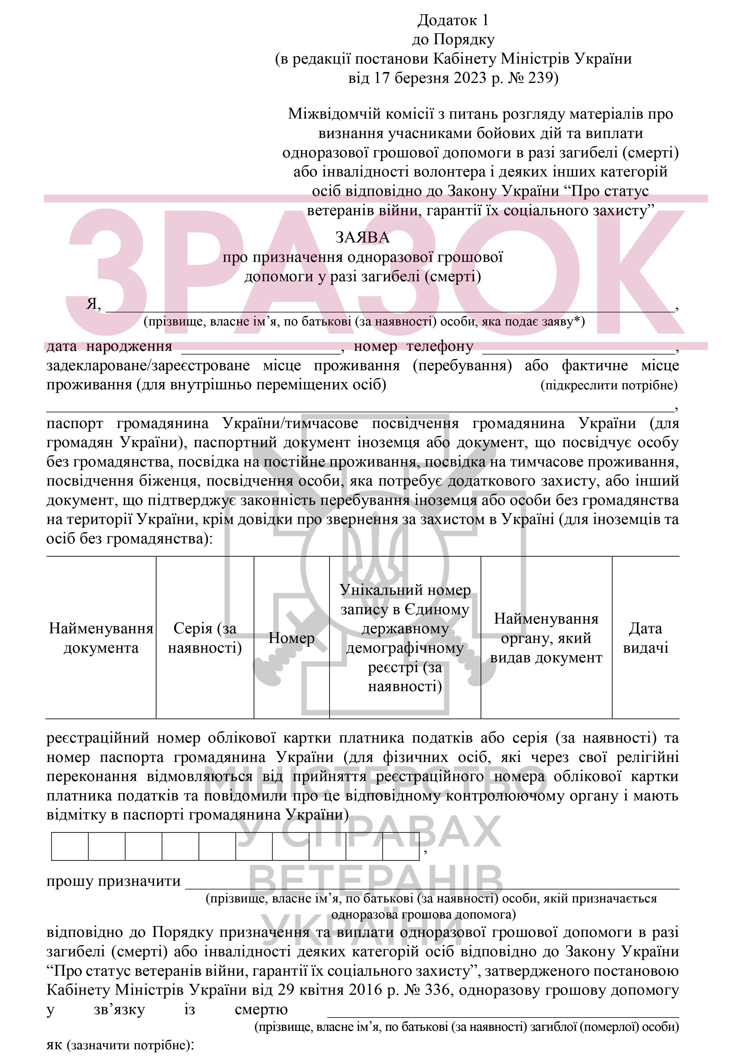 Мінветеранів підготувало роз'яснення щодо призначення та виплати одноразової грошової допомоги у разі загибелі (смерті) або інвалідності деяких категорій осіб