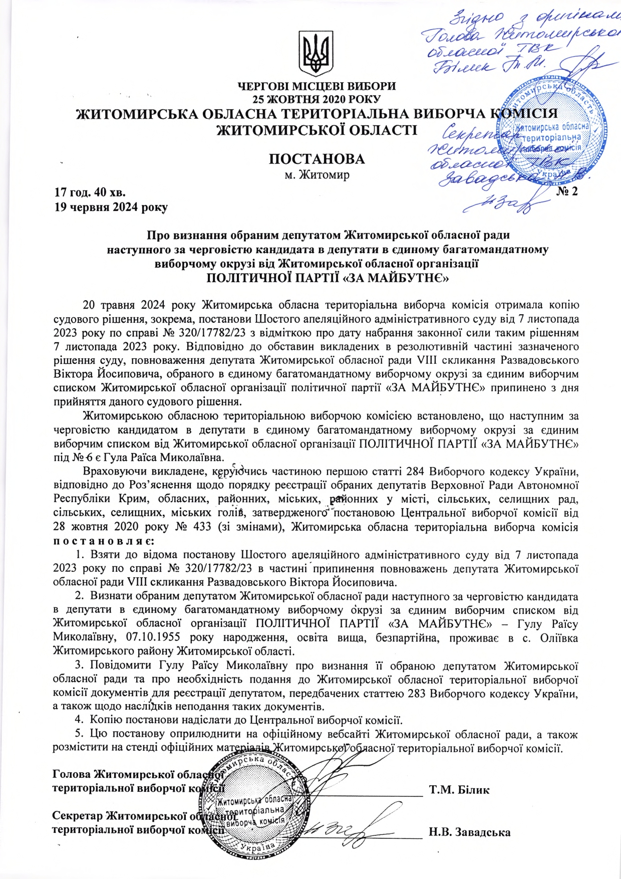 Житомирська обласна територіальна виборча комісія Житомирської області інформує