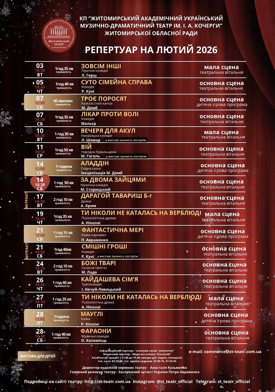 Житомирський драматичний театр імені Івана Кочерги запрошує на вистави лютневого репертуару